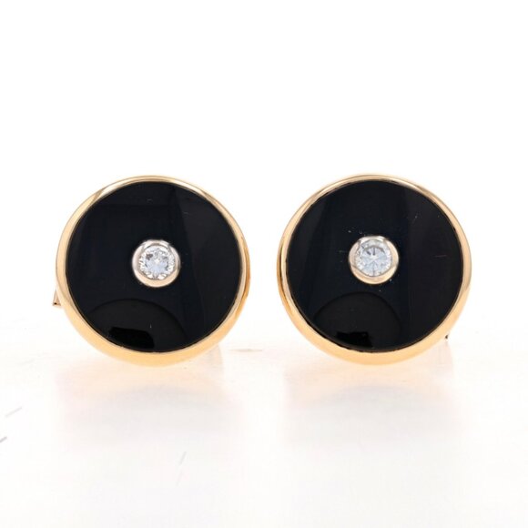 Yellow Gold Onyx & Diamond Men's Cufflinks - 14k .36ctw Geometric Circle